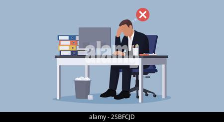 Desperate stressed businessman sitting at the office desk and working alone: business failure and burnout concept Stock Vector