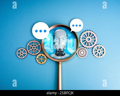 AI searching tools, development and management technology assistance service support concept. Robot face in magnifying glass lens with with chat bubbl Stock Photo
