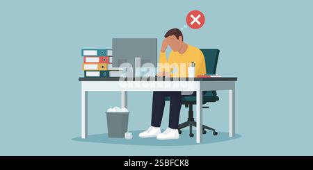 Tired exhausted employee sitting at the office desk, he is unhappy and stressed, job burnout and crisis concept Stock Vector