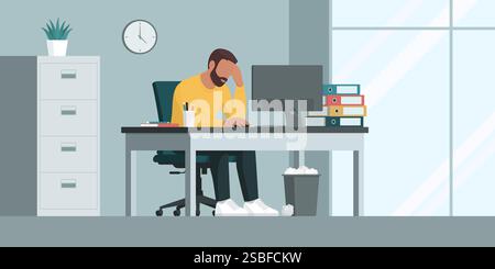 Tired exhausted employee sitting at the office desk, he is unhappy and stressed, job burnout and crisis concept Stock Vector