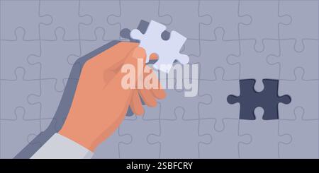 Man completing a jigsaw puzzle, he is holding the correct piece Stock Vector