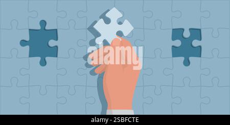 Man completing a jigsaw puzzle, he is holding a piece and thinking Stock Vector