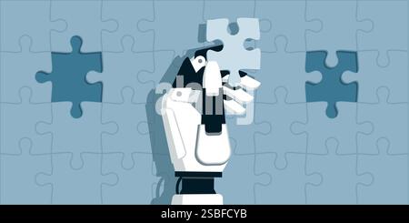 Humanoid AI robot completing a jigsaw puzzle: he is holding a piece and thinking, artificial intelligence and problem solving concept Stock Vector