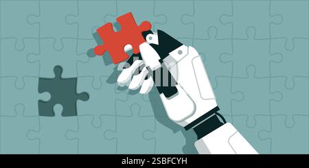 Humanoid AI robot completing a jigsaw puzzle: he is holding the wrong piece Stock Vector
