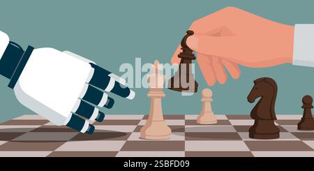 Human and AI robot playing chess together: the man defeats the robot Stock Vector