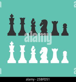 Set of chess pieces standing in line, isolated: chess game, strategy and board games concept Stock Vector