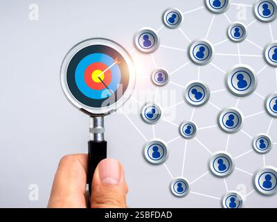 CRM, customer relationship management, marketing strategy of organization business, network structure concept. Target hit, goal icon in magnifying gla Stock Photo