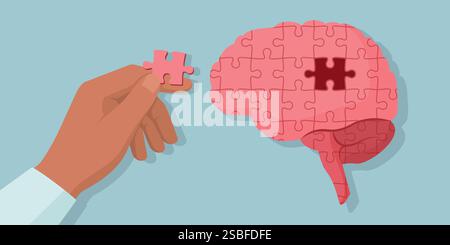 Man completing a puzzle shaped as human brain: mental health and psychology concept Stock Vector