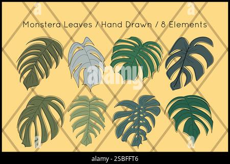 Monstera leaves tropical exotic organic design elements set for design Stock Vector