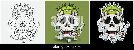 Coconut Fruit Inside Skull Head With Smoking Character Cartoon. Black White, Colorful and Sticker Style. For T shirt print, Brand Logo, Label and Masc Stock Vector
