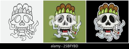 Kiwi Fruit Inside Skull Head With Smoking Character Cartoon. Black White, Colorful and Sticker Style. For T shirt print, Brand Logo, Label and Mascot Stock Vector