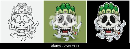 Cucumber Fruit Inside Skull Head With Smoking Character Cartoon. Black White, Colorful and Sticker Style. For T shirt print, Brand Logo, Label and Mas Stock Vector