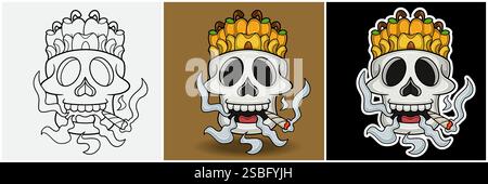 Apricot Fruit Inside Skull Head With Smoking Character Cartoon. Black White, Colorful and Sticker Style. For T shirt print, Brand Logo, Label and Masc Stock Vector