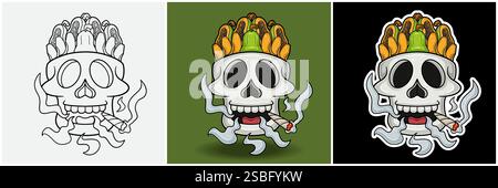 Papaya Fruit Inside Skull Head With Smoking Character Cartoon. Black White, Colorful and Sticker Style. For T shirt print, Brand Logo, Label and Masco Stock Vector