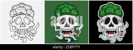 Broccoli Inside Skull Head With Smoking Character Cartoon. Black White, Colorful and Sticker Style. For T shirt print, Brand Logo, Label and Mascot pr Stock Vector