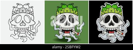 Lime Fruit Inside Skull Head With Smoking Character Cartoon. Black White, Colorful and Sticker Style. For T shirt print, Brand Logo, Label and Mascot Stock Vector