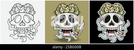Blue Cheese Inside Skull Head With Smoking Character Cartoon. Black White, Colorful and Sticker Style. For T shirt print, Brand Logo, Label and Mascot Stock Vector