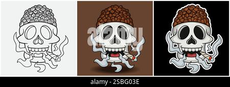 Coffee Bean Inside Skull Head With Smoking Character Cartoon. Black White, Colorful and Sticker Style. For T shirt print, Brand Logo, Label and Mascot Stock Vector