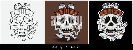 Chocolate Inside Skull Head With Smoking Character Cartoon. Black White, Colorful and Sticker Style. For T shirt print, Brand Logo, Label and Mascot p Stock Vector