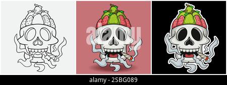 Guava Fruit Inside Skull Head With Smoking Character Cartoon. Black White, Colorful and Sticker Style. For T shirt print, Brand Logo, Label and Mascot Stock Vector
