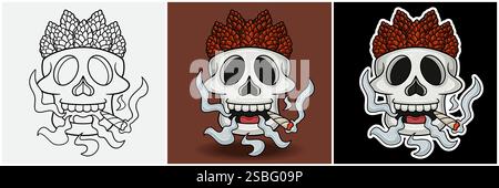 Pine Cone Inside Skull Head With Smoking Character Cartoon. Black White, Colorful and Sticker Style. For T shirt print, Brand Logo, Label and Mascot p Stock Vector