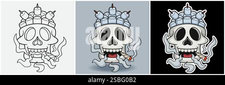 Marshmallow Inside Skull Head With Smoking Character Cartoon. Black White, Colorful and Sticker Style. For T shirt print, Brand Logo, Label and Mascot Stock Vector