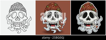 Chestnut Inside Skull Head With Smoking Character Cartoon. Black White, Colorful and Sticker Style. For T shirt print, Brand Logo, Label and Mascot pr Stock Vector