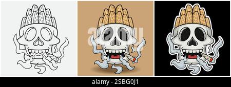 Biscotti Inside Skull Head With Smoking Character Cartoon. Black White, Colorful and Sticker Style. For T shirt print, Brand Logo, Label and Mascot pr Stock Vector