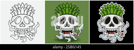Aloe Vera Inside Skull Head With Smoking Character Cartoon. Black White, Colorful and Sticker Style. For T shirt print, Brand Logo, Label and Mascot p Stock Vector
