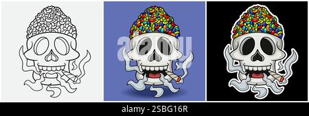 Bean Candy Inside Skull Head With Smoking Character Cartoon. Black White, Colorful and Sticker Style. For T shirt print, Brand Logo, Label and Mascot Stock Vector