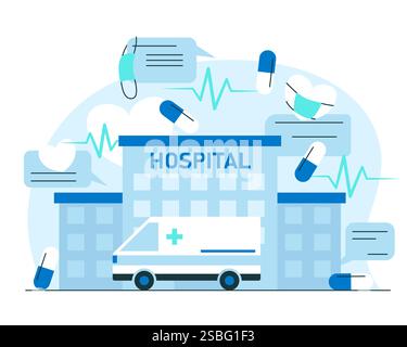Medical care concept. Vector colorful illustration of a hospital building exterior, ambulance car and other medicine equipment and tools, like mask, p Stock Vector