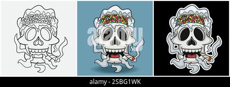 Cereals Inside Skull Head With Smoking Character Cartoon. Black White, Colorful and Sticker Style. For T shirt print, Brand Logo, Label and Mascot pro Stock Vector