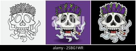 Lavender Inside Skull Head With Smoking Character Cartoon. Black White, Colorful and Sticker Style. For T shirt print, Brand Logo, Label and Mascot pr Stock Vector