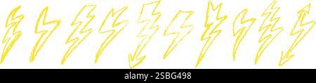 Set of lightning by wax pencil drawing. Collection of handdrawing chalk , light flash signs, Doodle thunder bolts, golden color design elements Stock Vector