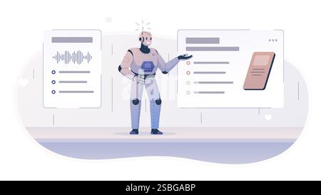 Vector illustration of a robot making a presentation by showing something on the screen. A meeting at which a robot conducts training. Conveys the ide Stock Vector