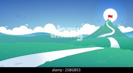 Vector illustration of a mountain landscape and a winding road. A mountain with a flag on top symbolizes the problems and obstacles that must be overc Stock Vector