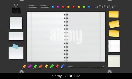 Notebook and note paper sheets, office supplies. Vector Stock Vector