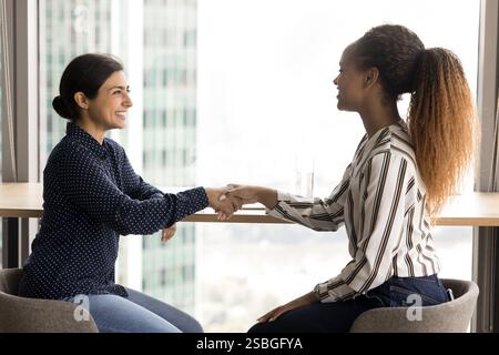 Two women shaking hands in modern office Stock Photo