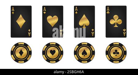 Golden hearts, spades, diamonds, clubs cards sign. Four black aces playing card suits set Stock Vector