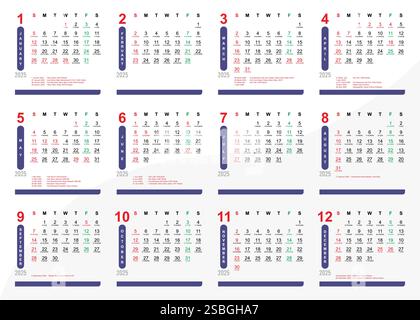 Calendar layout design 2025 with Indonesia National Holidays and Hijriyah 1447 Stock Vector