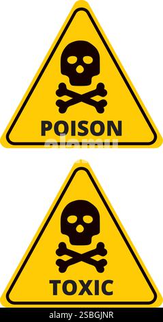 Poison and toxic yellow signs with skulls and text on a white background Stock Vector
