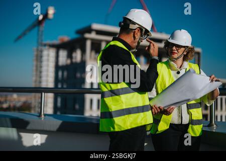 Two architects on construction site discussing blueprints Stock Photo