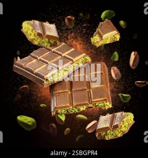 Chocolate bars with pistachio cream filling exploding on a black background, creating a dynamic and delicious scene Stock Photo