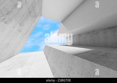 Abstract empty white concrete interior with blue sky behind a window opening in front. Modern minimalist architecture background, 3d render illustrati Stock Photo