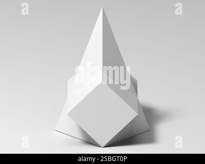 Abstract geometric installation, white pyramid intersected with a box, 3d rendering illustration Stock Photo