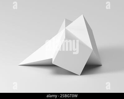 Abstract white geometric installation, pyramid intersected with a box is in an empty scene, 3d rendering illustration Stock Photo