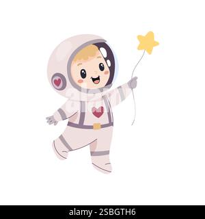Space illustration. Cute astronaut in spacesuit holding a star. Vector simple illustration Stock Vector