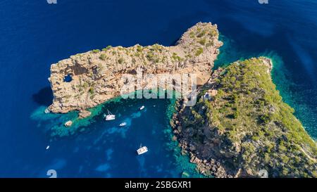Aerial view of the Cova de Sa Foradada natural rock formation, Mallorca, Spain Stock Photo