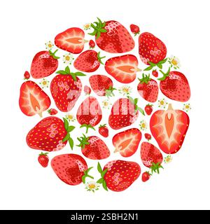 Sweet strawberry round composition design element with realistic ripe bright berry vector template for brochures, menus, botanical books Stock Vector