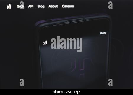 Close-up of a screen displaying the Grok logo and the x.ai website in a web browser. February 3, 2025 Stock Photo